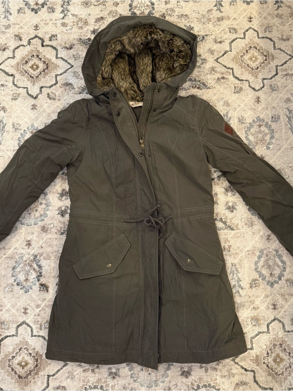 Hollister Olive Green Hooded Trench Coat with Faux Fur Lining